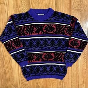 VTG Schrader Knit 80s 90s Knit Metallic Pattern Sweater L Pink Purple Blk Silver